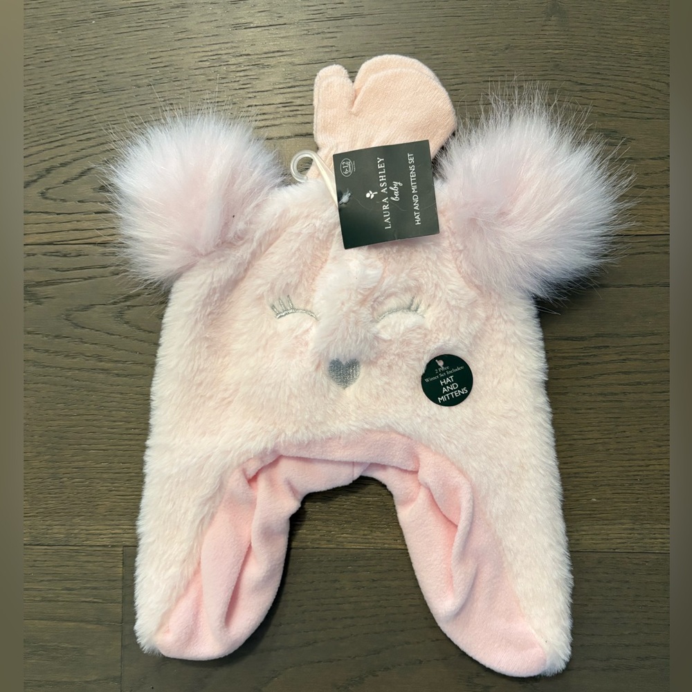 Laura Ashley baby girl pink plush hat & mitts 6-12M NWT